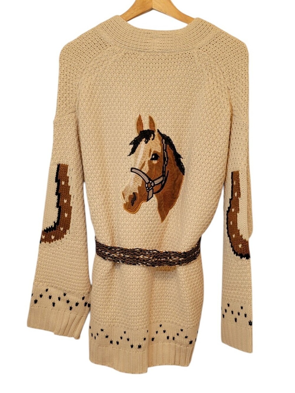 NWT Blue B Horse Embroidered Western Cardigan Sweater Almond Beige Medium - Picture 3 of 11